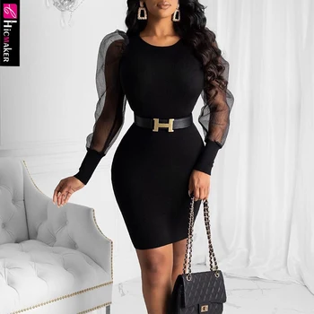 

Women Plus Size Long Sleeve Puff Sleeve Bodycon Dress Stretch Solid O-neck Spring Fall Above Knee Mini Dress