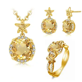 

100% Silver 925 Jewelry Sets 14K Gold Flower Ring Earrings Pendant Necklace Citrine Bohemia Wedding Gift Fine Jewelry For Women
