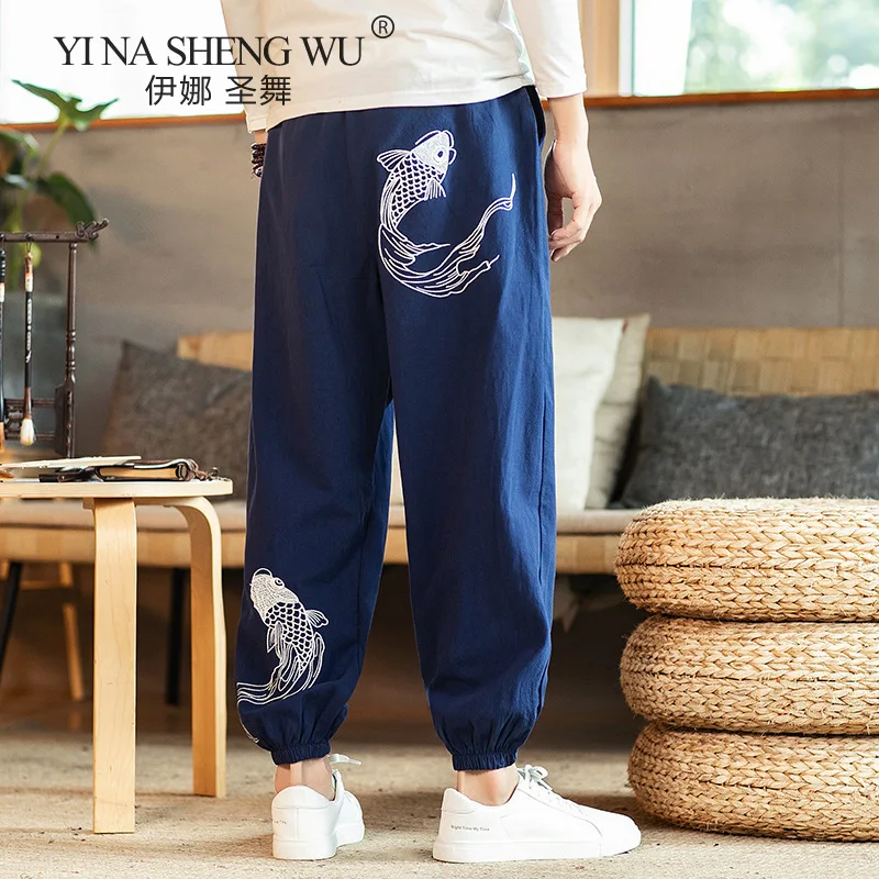 

Men Cotton Linen Harem Pants Jogger Trousers Casual Track Loose Printed Kimono Style Bloomers Fashion Trousers Men Streetwear
