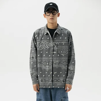 

Men High Street Retro Fashion Cashew Flowers Casual Long Sleeve Shirt Male Hip Hop Loose Dress Shirts