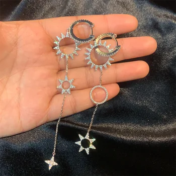 

Fashion micro - zircon sun gear asymmetrical long style earrings for women wedding party