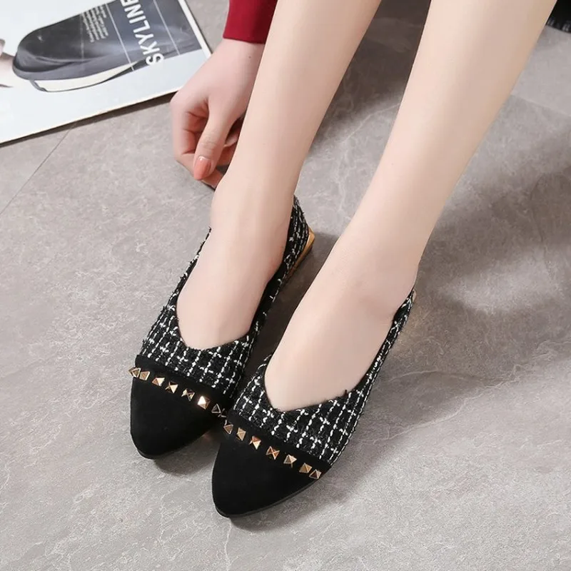 

Womens Flat Pointed Toe Shoes Loafers Slip On Women's shallow mouth wild Design Female Rivet Pointed Toe Shoes Women J15-69