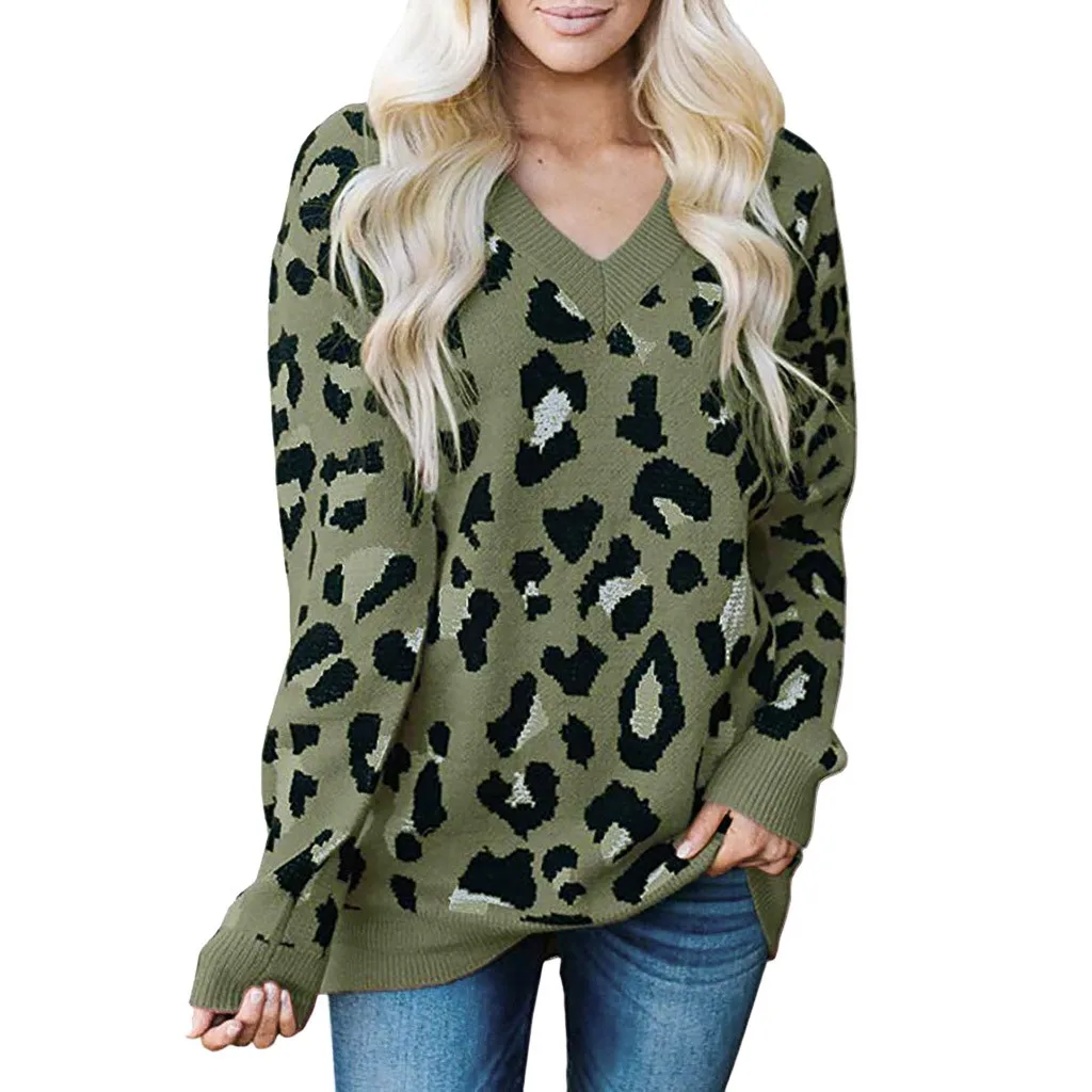 Jaycosin Fashion Casual Lady Leopard Sweater Chic Stylish Comfortable Soft Elegant Loose V-Neck Fit Tops Blouse sweater