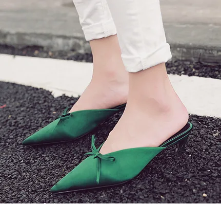 

2017 New Style Hot Selling Silk Fabrics Pointed-Toe Bow Thin Heeled High Heel Slippers 2191