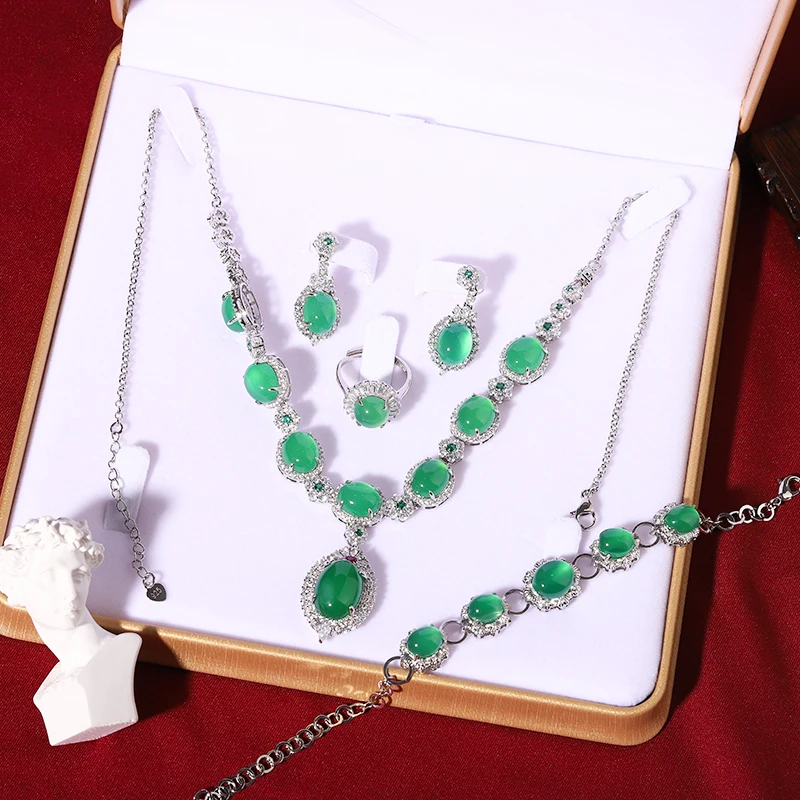 

Koraba S925 Silver Green Jade Set Bracelet for Women Earrings Necklace Wedding Jewellery Set Bridal Jewelry