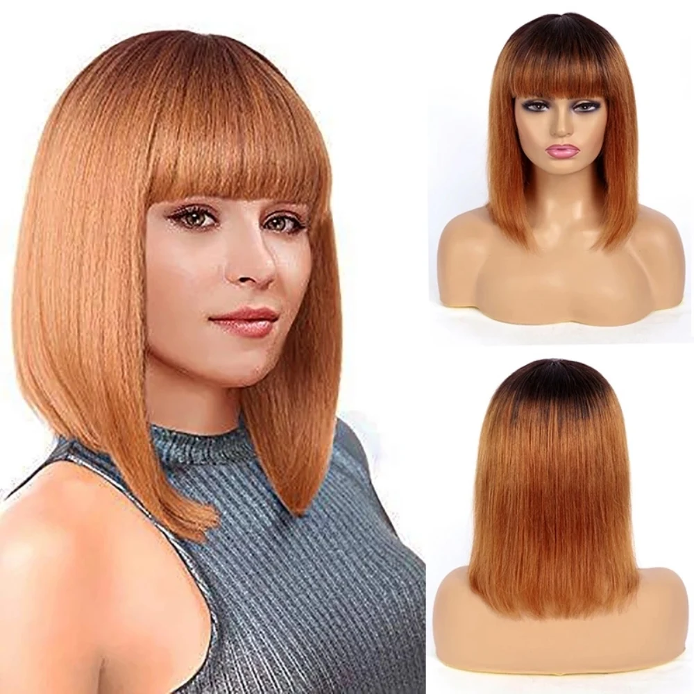 

Dark Blonde Ombre Human Hair Wig with Bangs Peruvian Remy Hair Bob Wig Straight Full Machine None Lace Wig Two Tone T1B/#30