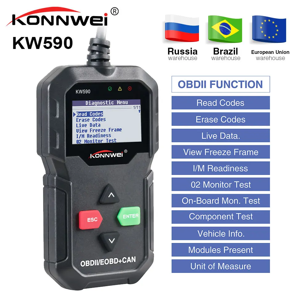 KONNWEI KW590 OBD2 Диагностический Инструмент лучше чем ELM327 OBD2/EOBD + CAN автоматический