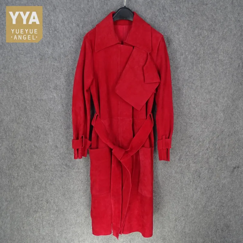 

Spring Autumn Luxury Red Genuine Leather Long Coat Women High Quality Suede Sheepskin Windbreaker Jacket Office Lady Overcoat