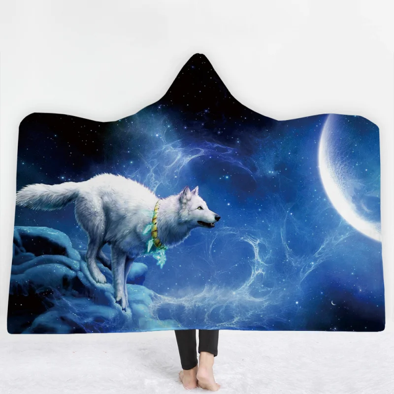 

Animals Wolf Hat Blanket Hooded Coral Fleece Warm Wearable warm blankets for winter blankets150x130cm Wolf blanket Large