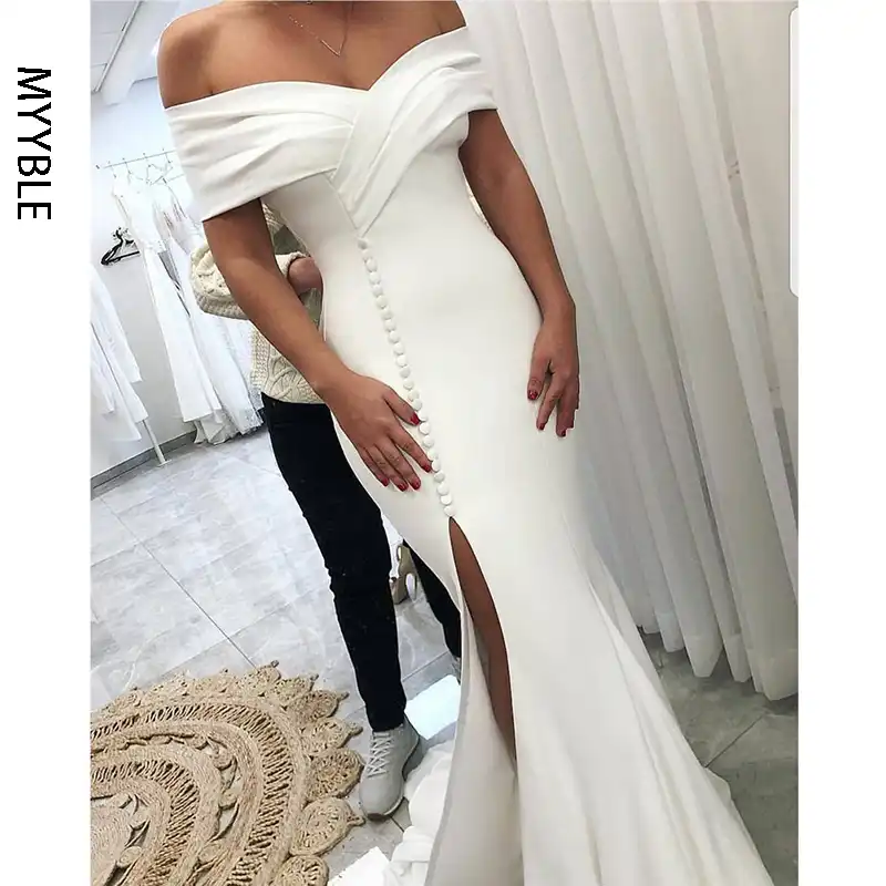 off shoulder white satin dress