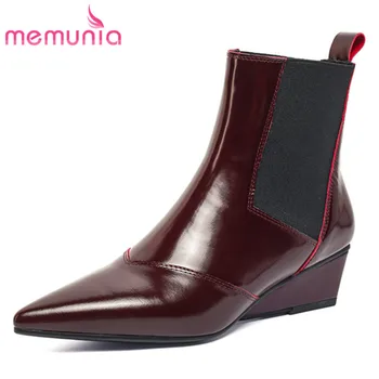 

MEMUNIA 2020 top quality genuine leather ankle boots women pointed toe wedges shoes fashion simple casual party shoes woman