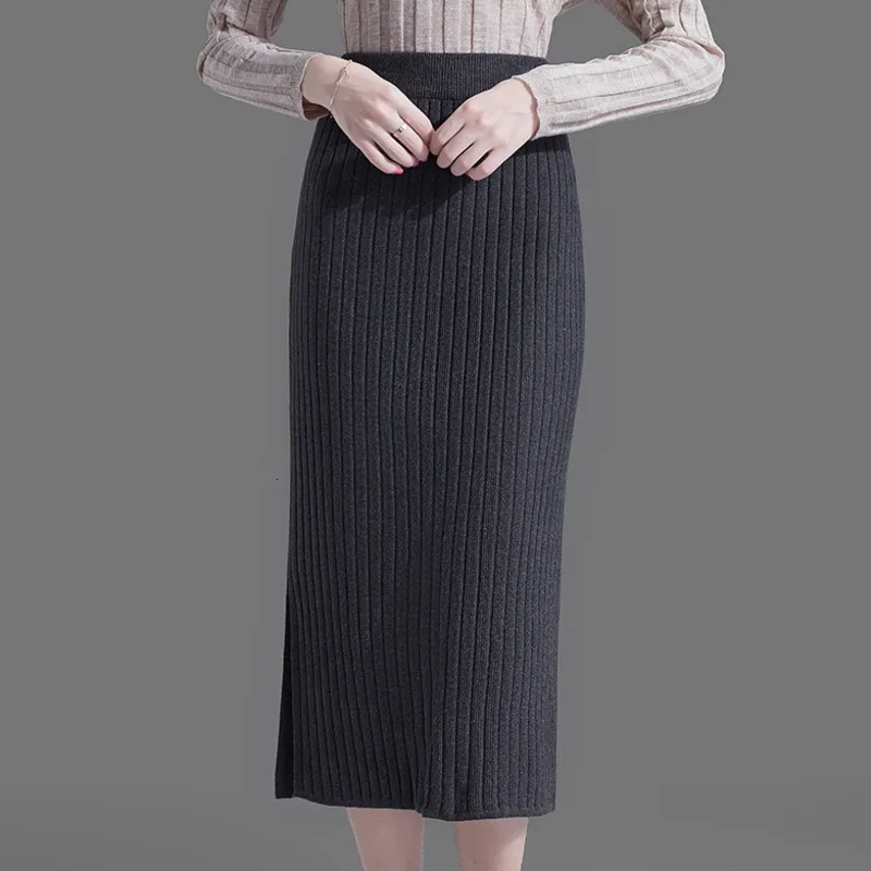 #1203 Pleated Skirt Women Side Split Elastic High Waist Knitted Midi Knitwear Pencil Ladies Black White Red Grey | Женская одежда