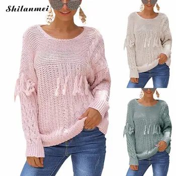 

2019 Autumn Winter Hollow Out Sweaters Women'S Tassel Sweater Female Pink Casual Loose Knitted Pullover Women Solid Color Jumper