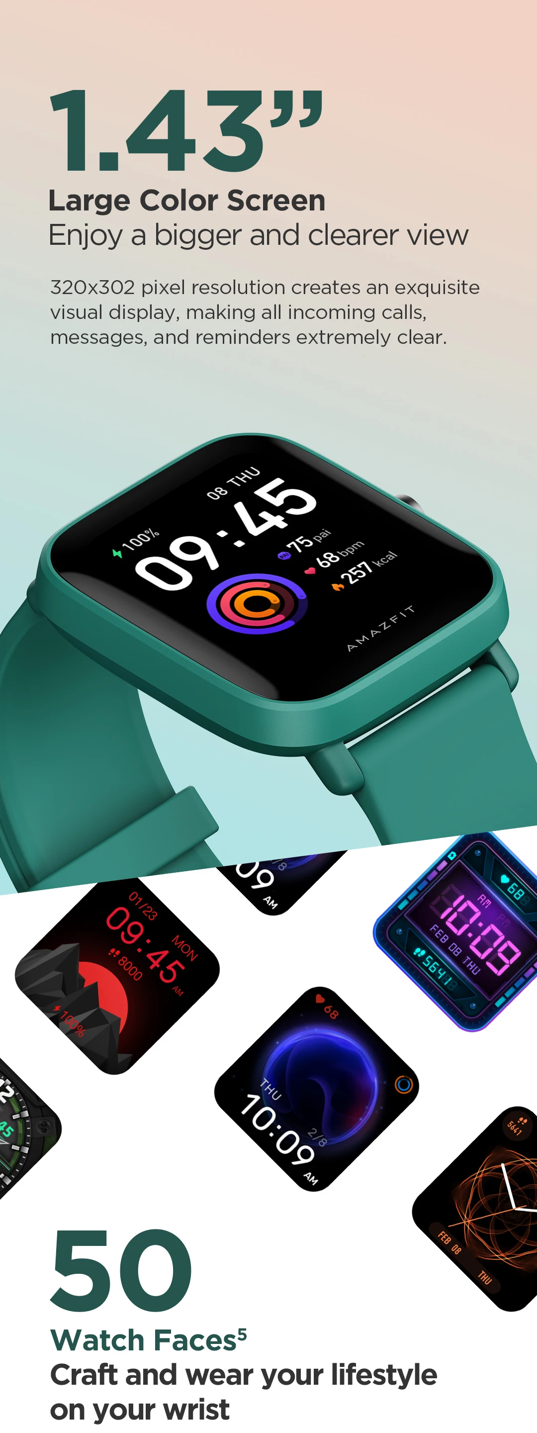 Original gadgend bip u smartwatch color display sport tracking 5atm water resistant smart watch for android ios phone