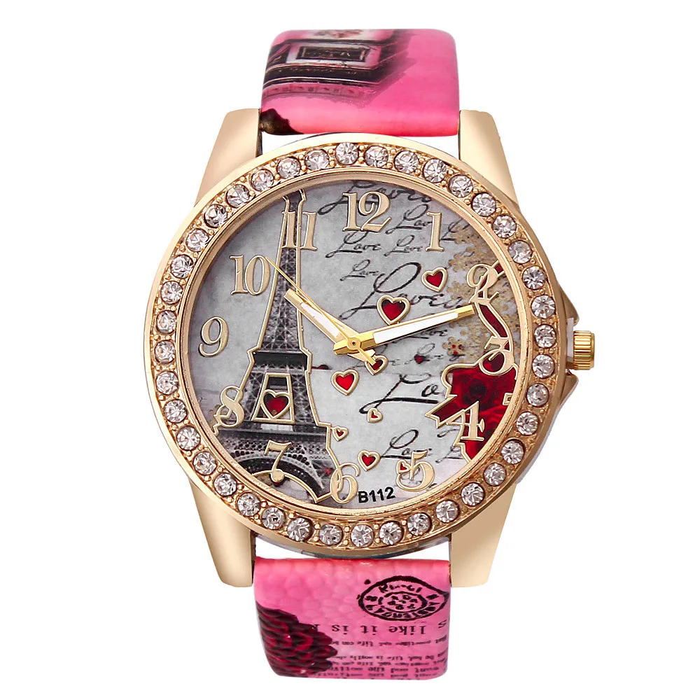 Geneva женские часы с узором башни со стразами Кожаный Ремешок Модные Кварцевые аналоговые наручные часы дешевые наручные часы для женщин YE1 - Цвет: D
