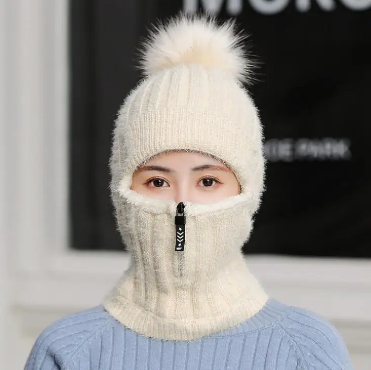 beige Зимние женские шапки Skullies Beanies Embriodery с буквами смайлик шапки на молнии украшения Gorror меховые шапки с помпонами - Цвет: beige