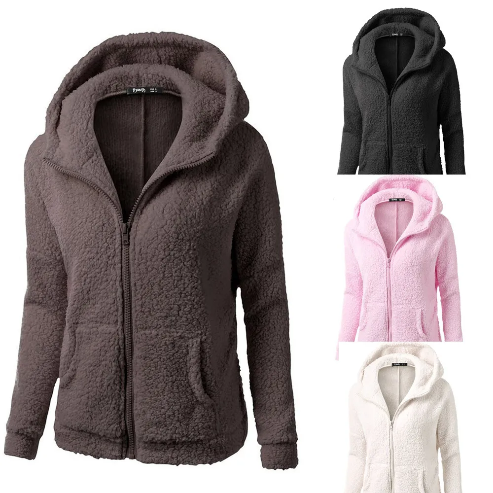 Women Solid Color Coat Thicken Soft Fleece Winter Autumn Warm Jacket Hooded Zipper Overcoat Female Fashion Casual Outwear Coat