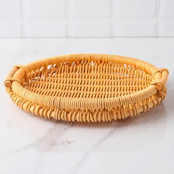 

Hand-woven Rattan Tray Bread Basket Container Multifunction Storage Basket for Dried Fruits Snacks (Round)