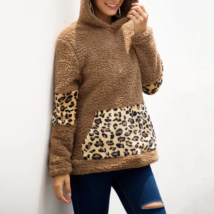 Women Winter Long Sleeve Leopard Pocket Patchwork Thick Plush Hooded Sweatshirt
