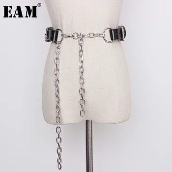 

[EAM] Pu Leather Metal Chain Split Joint Long Wide Belt Personality Women New Fashion Tide All-match Spring 2020 1Y06501