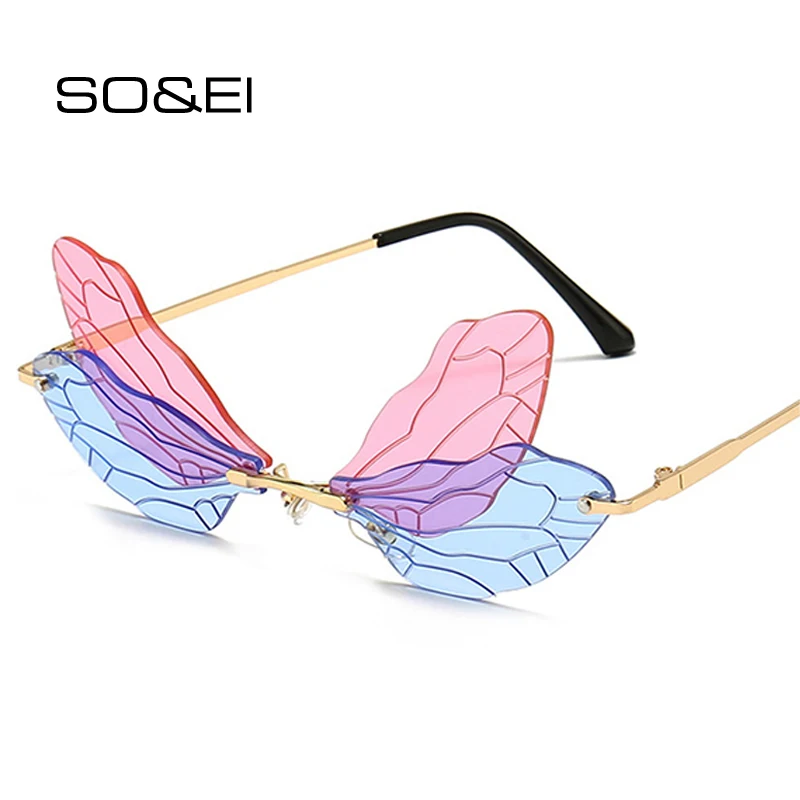 Wing Sunglasses Shades Dragonfly Ocean-Lens Eyewear Men Clear Rimless Pink Vintage UV400 Wing Sunglasses Shades Dragonfly Ocean-Lens Eyewear Men Clear Rimless Pink Vintage UV400