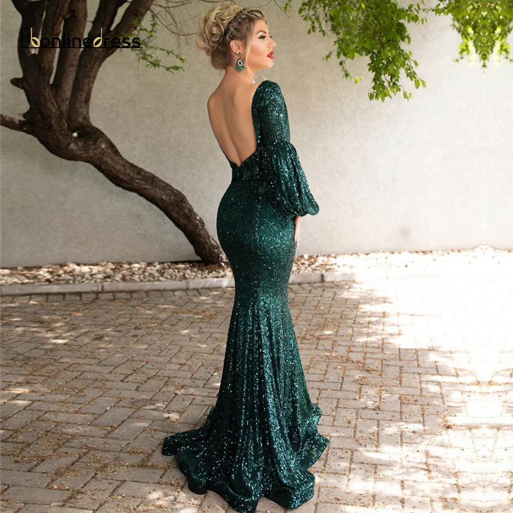 Bbonlinedress темно-зеленое вечернее платье с длинным рукавом v-образным вырезом Длинные вечерние платья с открытой спиной длина до пола официальное платье robe-de-soiree