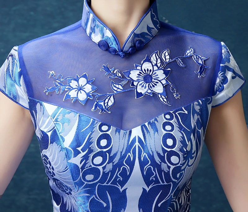 Желтый Русалка Вышивка Cheongsam современные Chinoise вечерние платья пикантный халат Qi Pao женское китайское вечернее китайское платье-Ципао