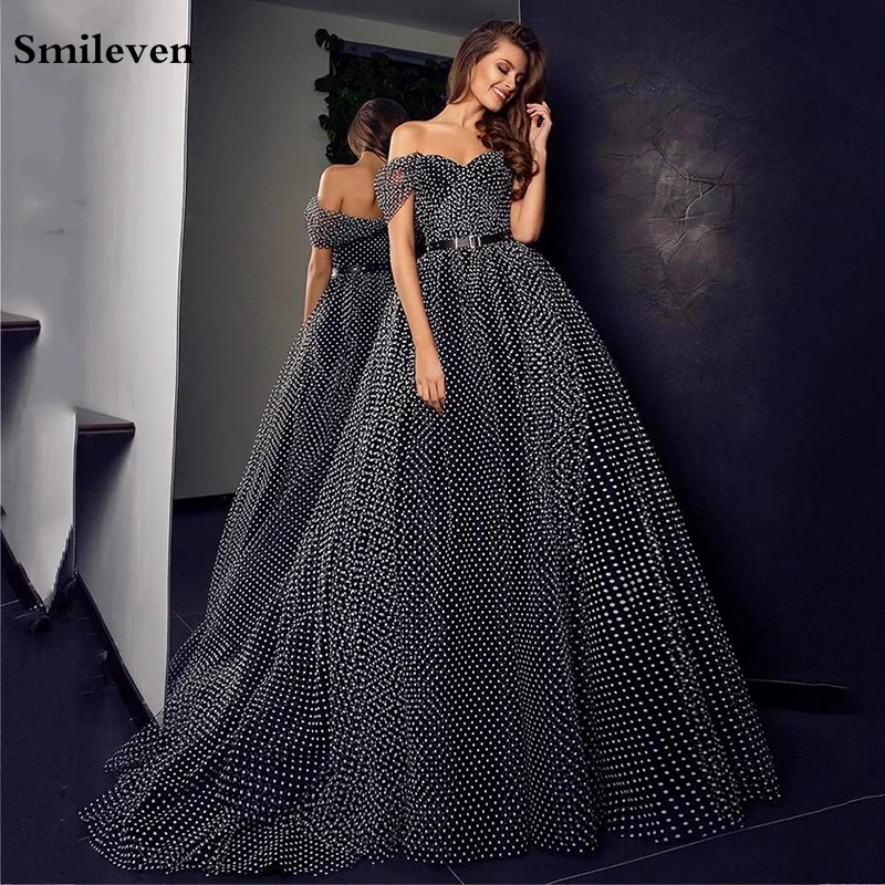 

Smileven Polka Dots Tulle Evening Dress Sweetheart Off the Shoulder Ball Gown Formal Dresses Ruched Long Prom Party Dresses