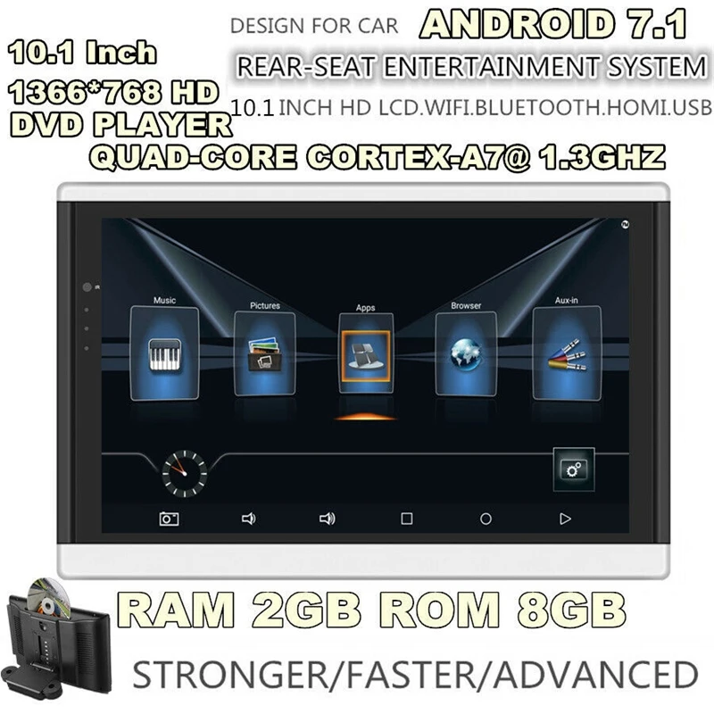 10.1 Inch Hd Android 7.1 Car Seat Headrest Quad Core Wifi Fm Monitor Speaker Dvd Player