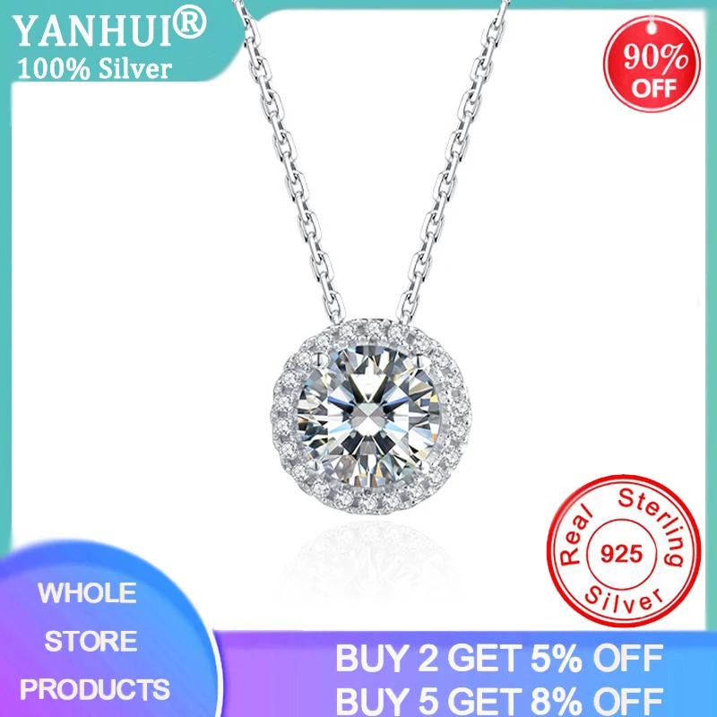 YANHUI Silver 925 Necklace Clear Cubic Zircon Silver 925 Jewelry Collier Women Bridal Engagement Round Pendant With Chain DZ103