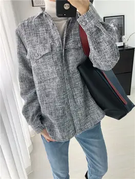 

2020 Black And White Woven Tweed Blouse For Lady Loose Long Sleeve Tops With Pockets