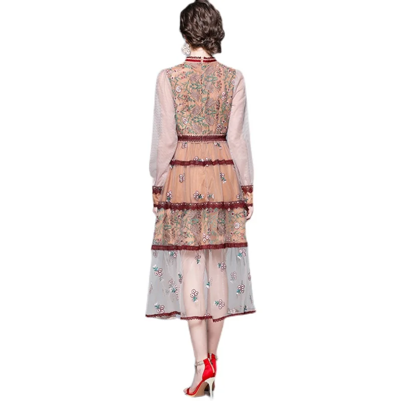 New Fashion Women Spring Lantern Sleeve Mesh Patchwork Embroidery Midi Dress Evening Party Dresses Jurk