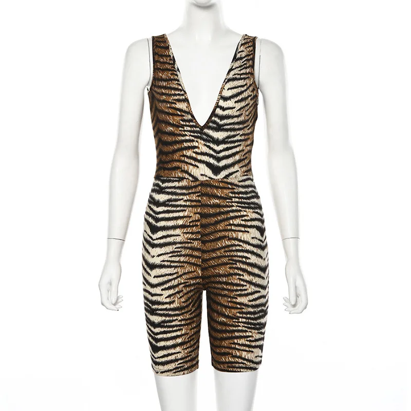 Bangniweigou Sleeveless Deep V Collar Leopard Tiger Skin Print Playsuit Women Bodycon Short Jumpsuit Rompers Overalls