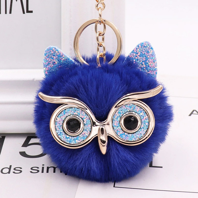 Cute Sequin Ears Owl Keychain Fluffy Artificial Rabbit Hairy Pom-pom Keychain Women's Shoulder Bag Owl Pendant Key Ring