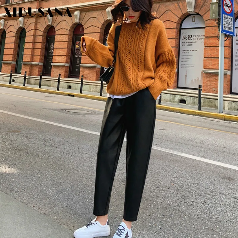 

XIBUSANA 2020 Autumn PU Elastic High Waist Pants Women Casual Loose Faux Leather Harlan Ankle Length Pants Lady Elegant Pockets