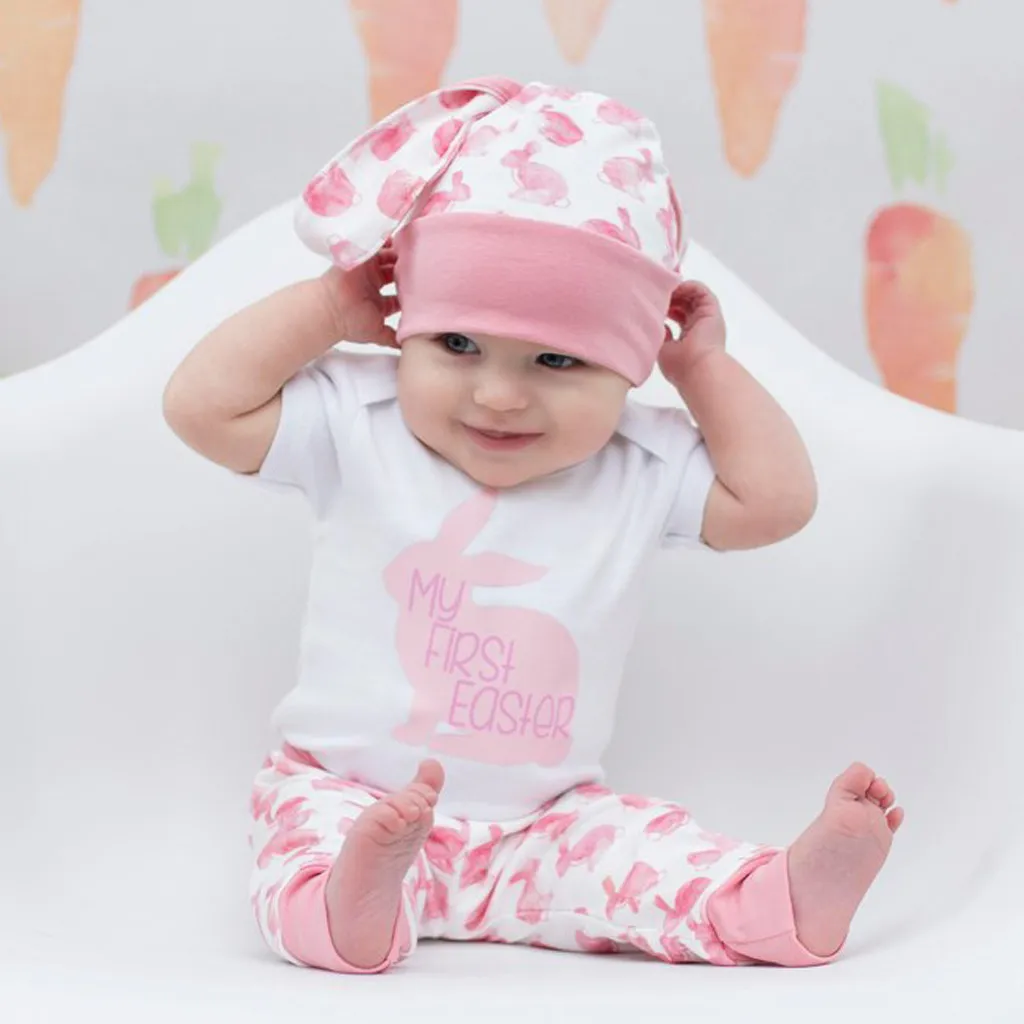 Tronet Summer Outfits Set Newborn Baby Girl Boy Cartoon First Easter 3D Bunny Outfits Romper Hat Pants Set 