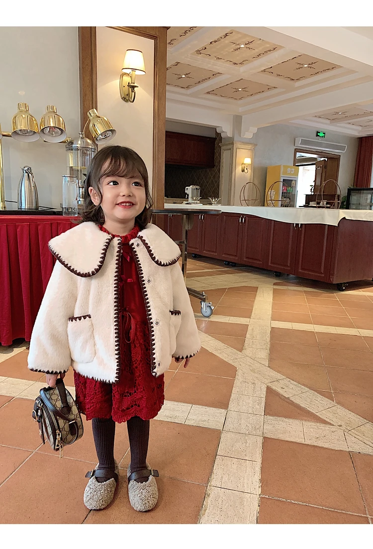 Новое модное зимнее плотное теплое пальто с большим отворотом для маленьких девочек Детская верхняя одежда с карманами