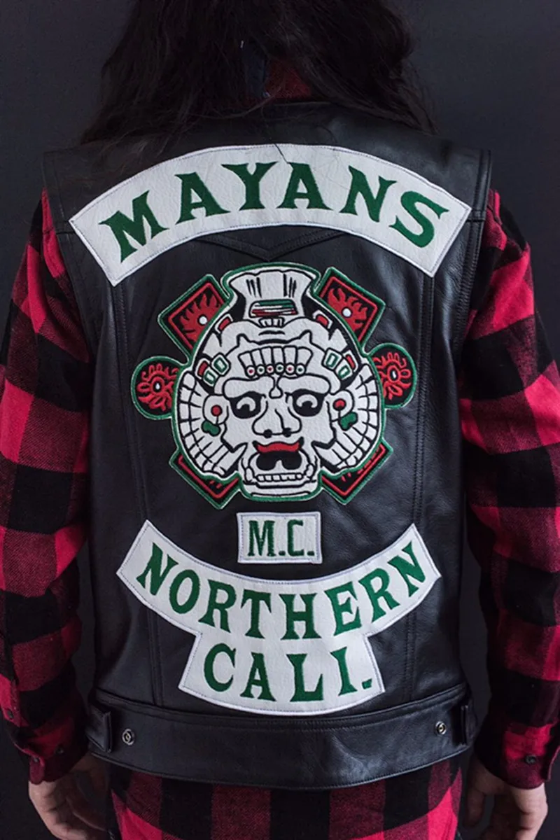 Костюм для косплея «Sons of Anarchy Mayans. MC» для мужчин и женщин, мотоциклетный клубный жилет, куртка, зеленый кожаный жилет с вышивкой, черное пальто в стиле панк