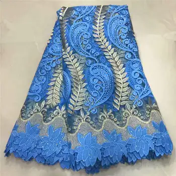 

Luxury Handmade Beads Lace Fabric 2019 African French Sky Blue Lace Rhinestones Flowers Tulle Lace for Wedding dress XSA04