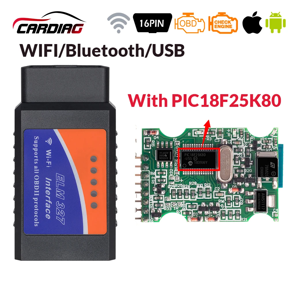 Лидер продаж elm327 Wifi/ Bluetooth/USB PIC18F25K80 опционально OBD2 автомобильный сканер для