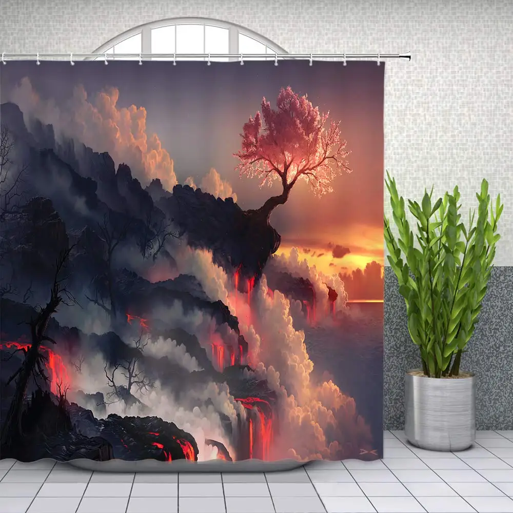 

Landscape Shower Curtain Volcanic Eruptions Red Magma Disaster Destruction Big Tree Creative Bathroom Decor Waterproof Polyester