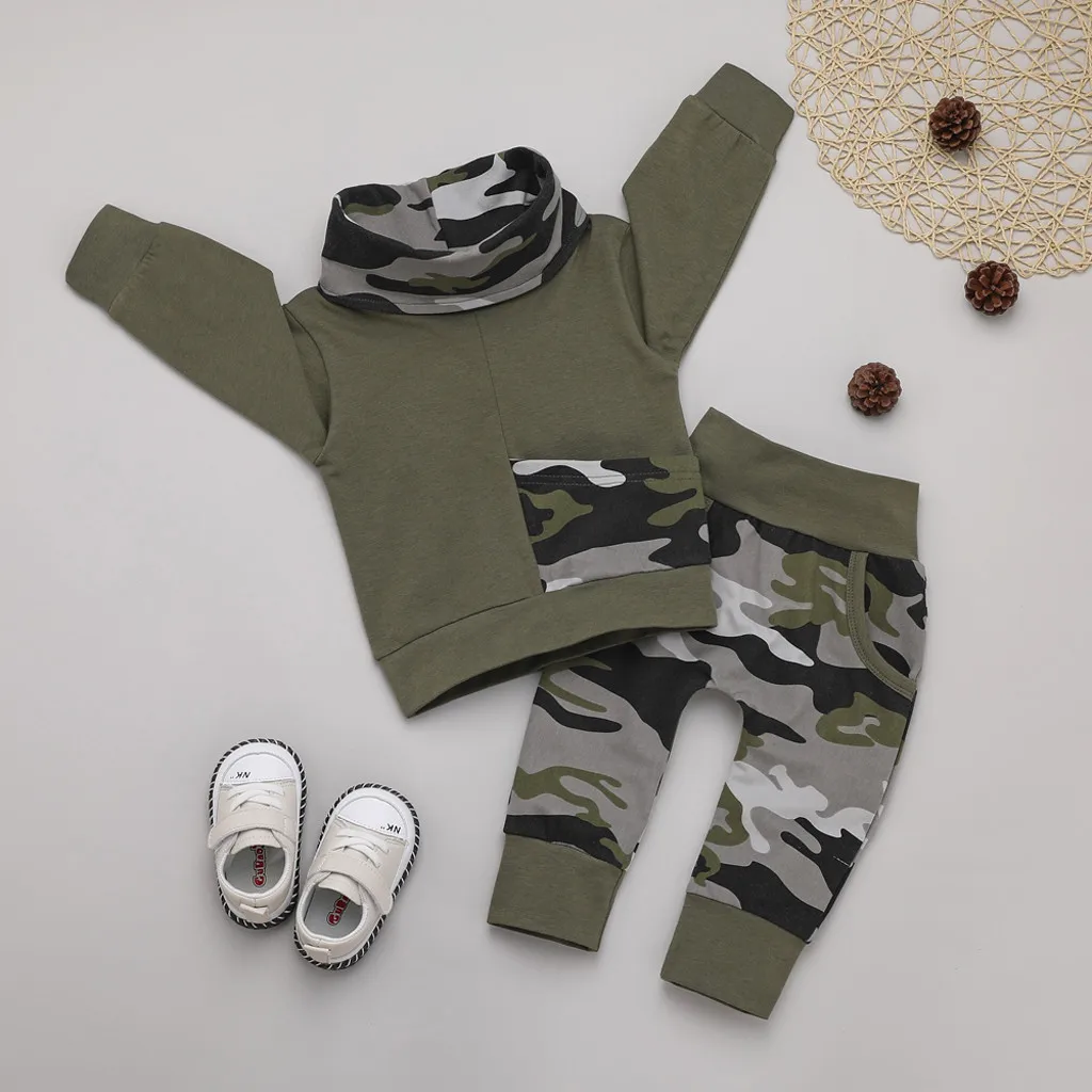 Newborn Baby Boys Camouflage Clothes Pocket Turtleneck Sweatshirt Pants Set Suit 2pcs Kids Infant Camo Outfits Clothing For Baby