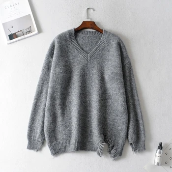 

Women's v-neck breaken hole slit Sweater lady Autumn sweater casual Female new fashion long sleeve pullovers chic Tops TB3443