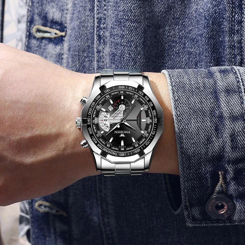 FNGEEN Luxury Men's Watches Stainless Steel Band Fashion Waterproof Quartz Watch For Man Calendar Male Clock Reloj Hombre S001