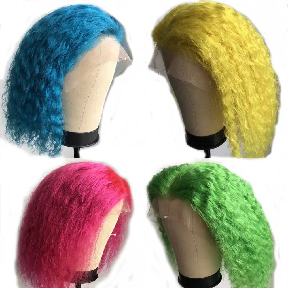

Green Curly Bob Lace Front Human Hair Wig Pre Plucked Brazilian Remy Yellow Pink Blue 613 Blond Color Wig For Black Women