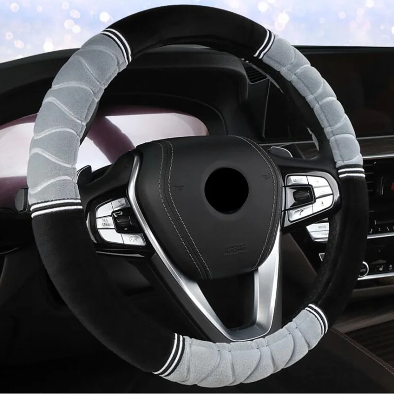 Зимний короткий плюшевый чехол рулевого колеса автомобиля 3D Руль сохраняет тепло Противоскользящий без запаха диаметр 38 см плюшевый материал