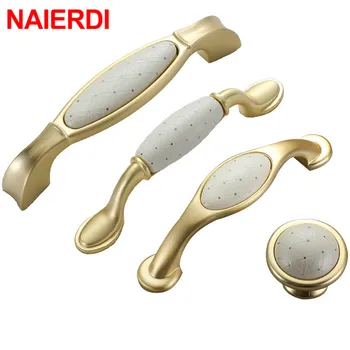 NAIERDI Creamic Gold and White Cabinet Handles Knobs Zinc Alloy Drawer Pulls Kitchen Door Handles Furniture Handle Door Hardware