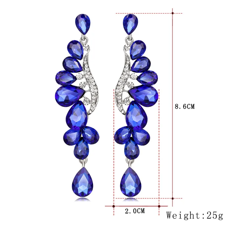 Модная одежда в европейском стиле красные, синие длинные серьги в виде капель для Для женщин Серебряный Цвет обувь с украшением в виде кристаллов висит серьги для свадьбы, помолвки ювелирные изделия, для женщин