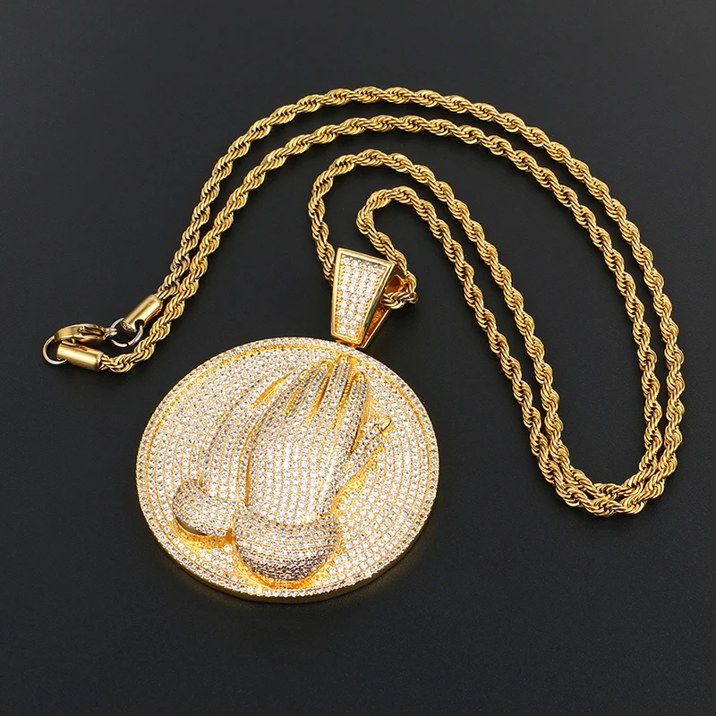 Ожерелье с подвеской Bling Pray Hand, 925 пробы, серебряная подвеска, золотой цвет, для мужчин, хип-хоп, модные ювелирные изделия, ледяная цепочка
