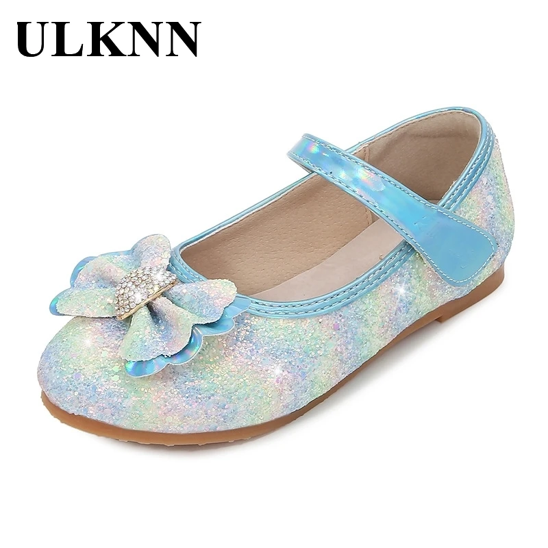 ULKNN Baby Girls Sweet Princess Flats Shoes Kids Children's Leather Shoes With Floral Printed Rhinestone Fashion Pink Blue 25-38